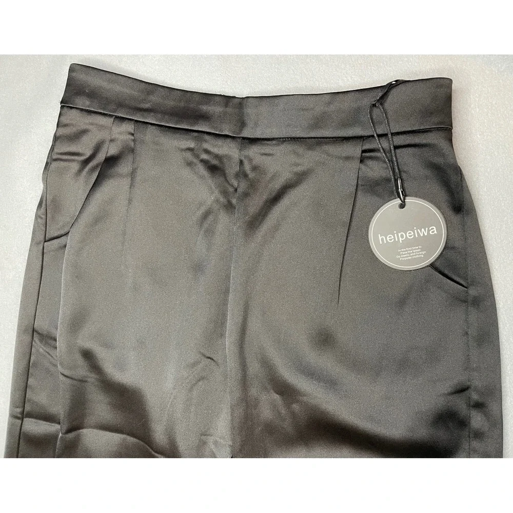 Heipeiwa Black Satin High Waisted‎ Pleated Trousers Pants Small NWT - Picture 2 of 9